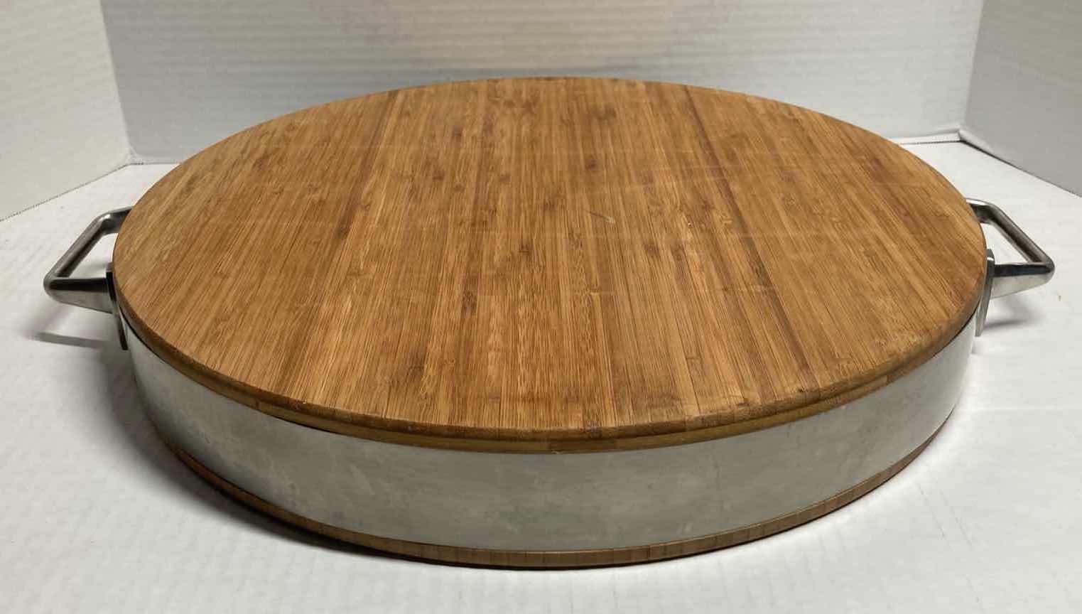 Photo 1 of CHARCUTERIE ROUND WOODEN REVERSIBLE CUTTING TABLE W METAL TRIM & HANDLES