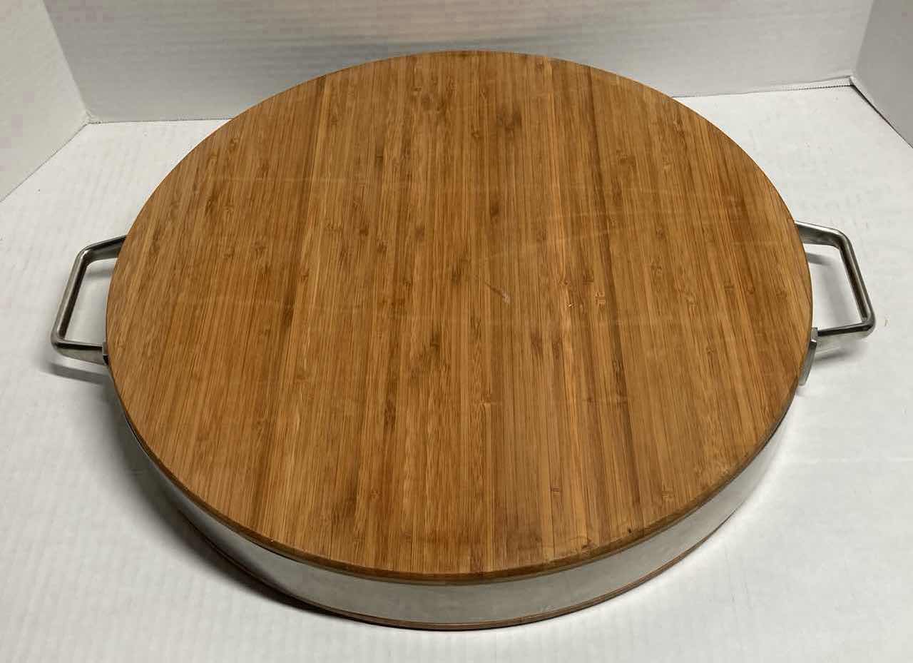 Photo 1 of CHARCUTERIE ROUND WOODEN REVERSIBLE CUTTING TABLE W METAL TRIM & HANDLES