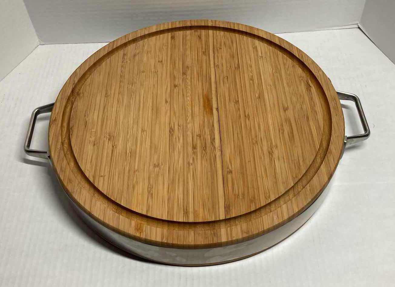 Photo 1 of CHARCUTERIE ROUND WOODEN REVERSIBLE CUTTING TABLE W METAL TRIM & HANDLES