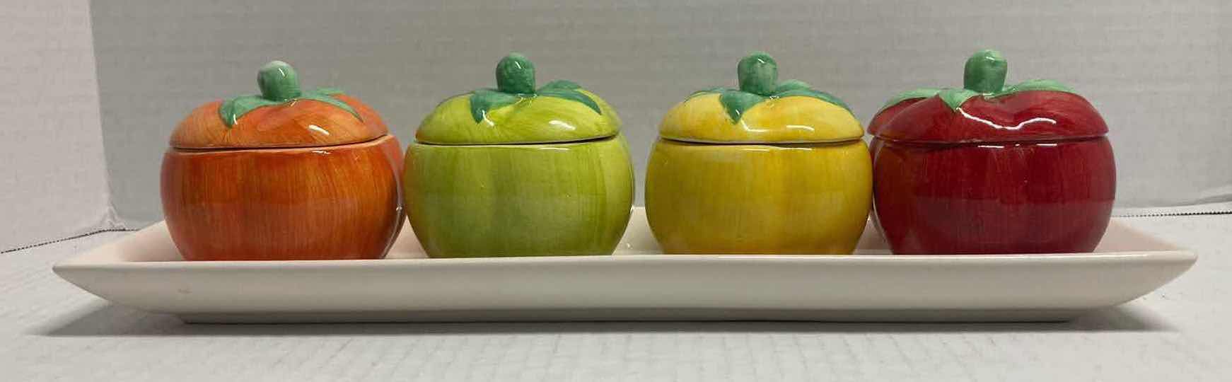 Photo 1 of JAPANESE CERAMIC TOMATO PEPPER CONDIMENT JARS W LIDS (4)
