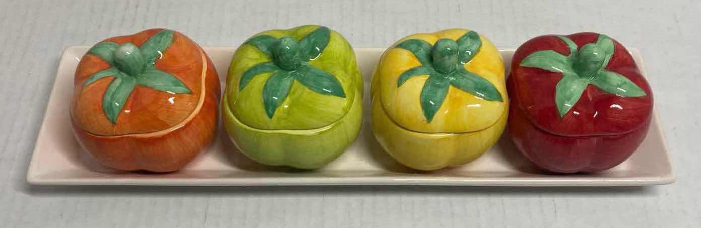 Photo 1 of JAPANESE CERAMIC TOMATO PEPPER CONDIMENT JARS W LIDS (4)