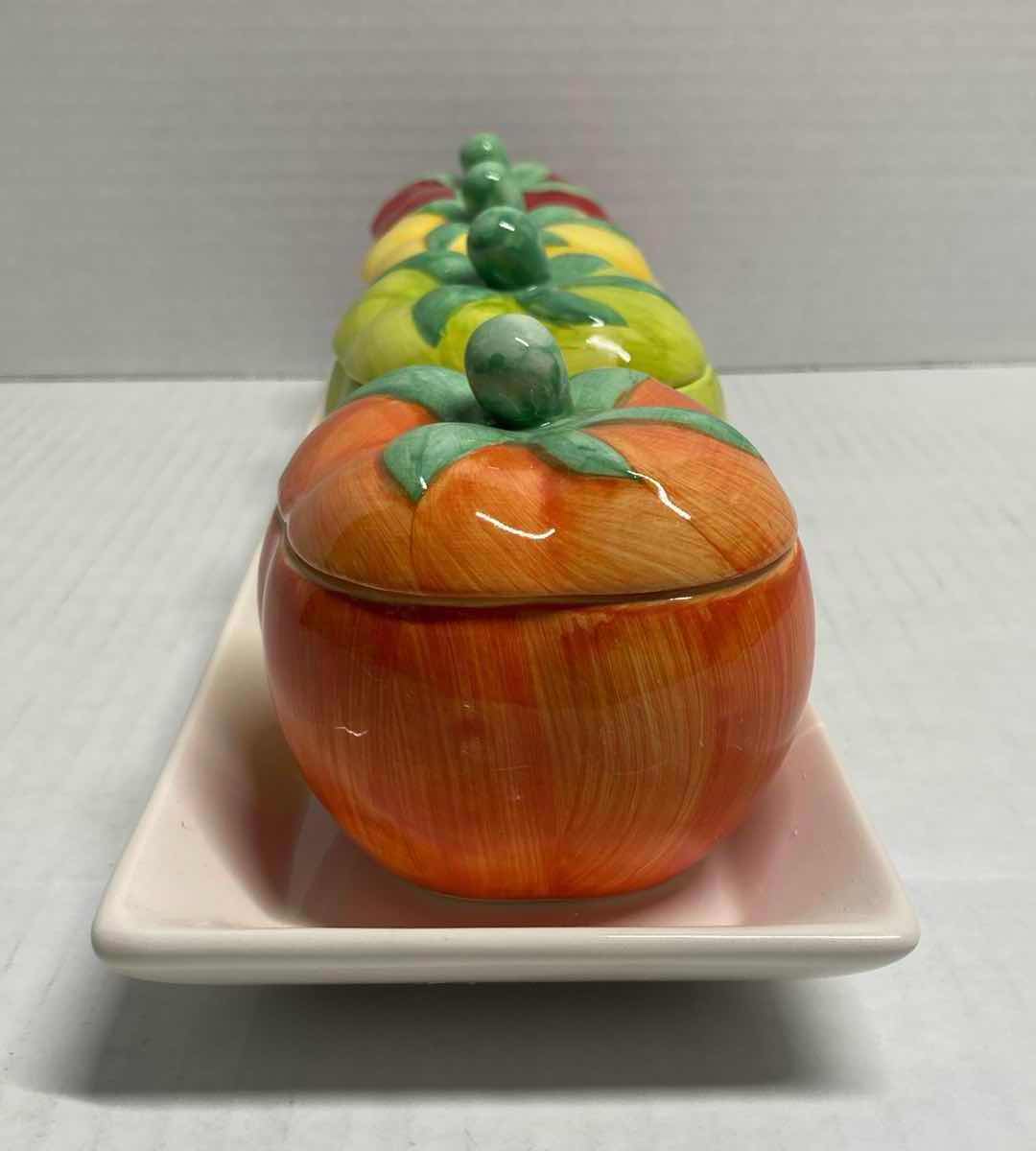 Photo 1 of JAPANESE CERAMIC TOMATO PEPPER CONDIMENT JARS W LIDS (4)