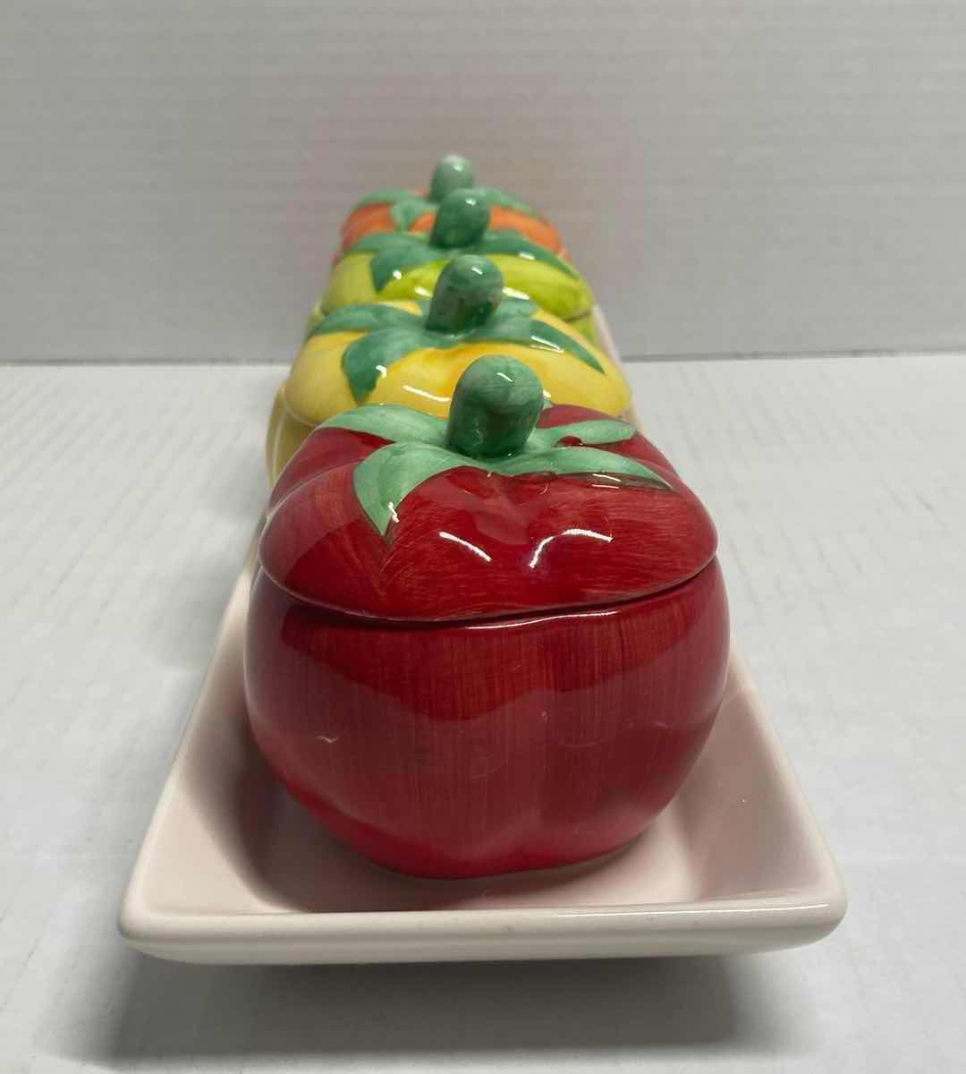 Photo 1 of JAPANESE CERAMIC TOMATO PEPPER CONDIMENT JARS W LIDS (4)