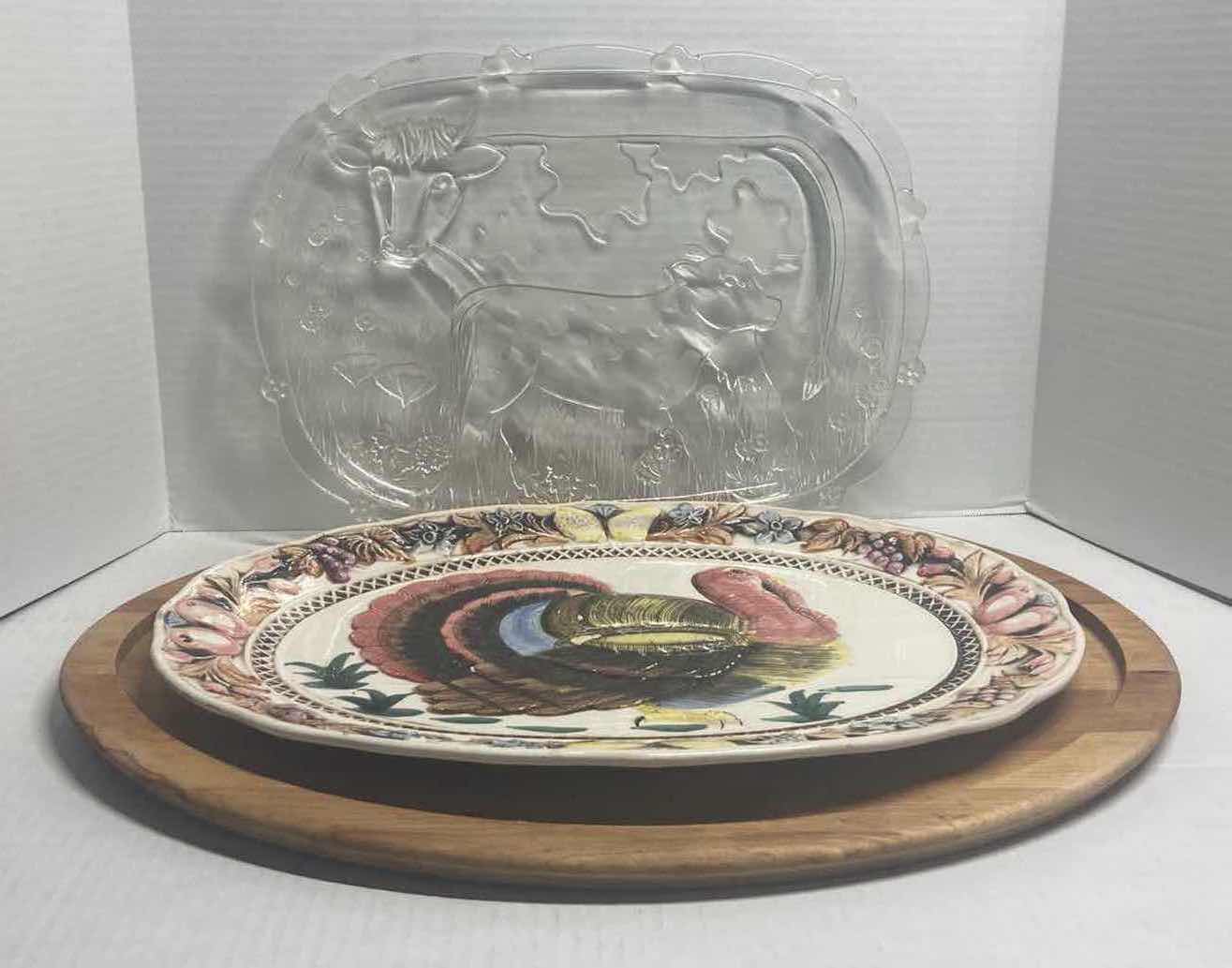 Photo 1 of GLASS COW & CERAMIC TURKEY PLATTER W WOODEN TRAY/CUTTING BOARD