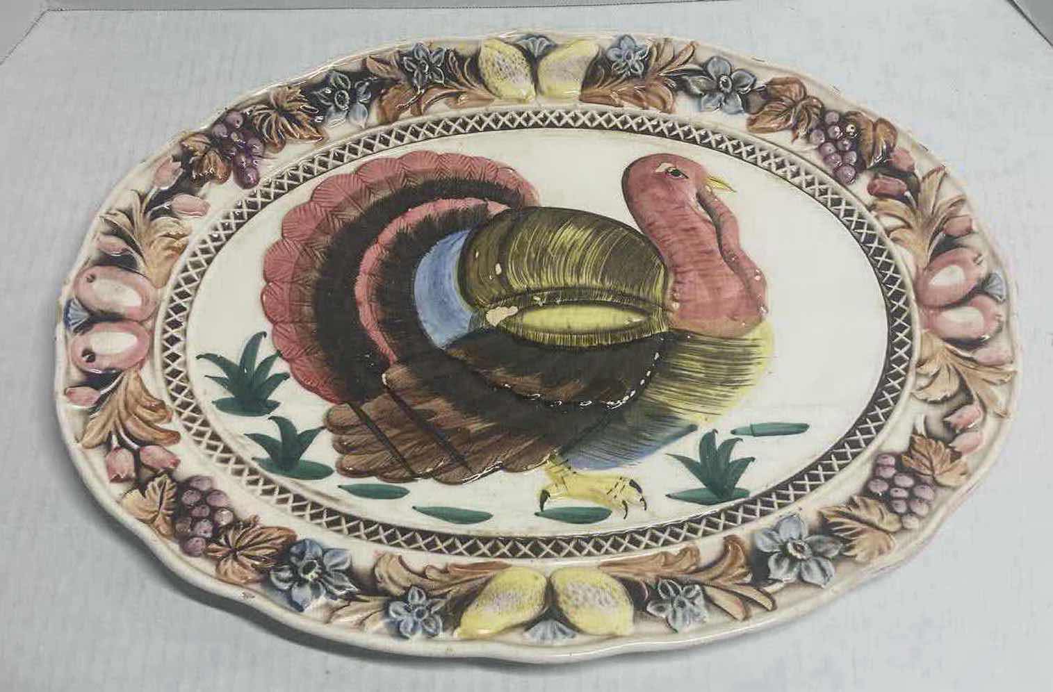 Photo 1 of GLASS COW & CERAMIC TURKEY PLATTER W WOODEN TRAY/CUTTING BOARD