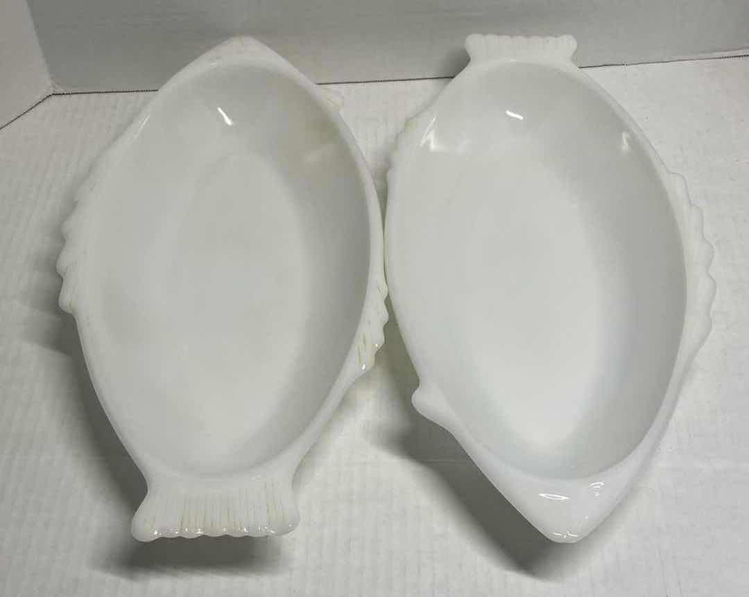 Photo 1 of MILK GLASS FISH TRAYS 18” & PYREX GLASS OVEN TRAY 18.5”