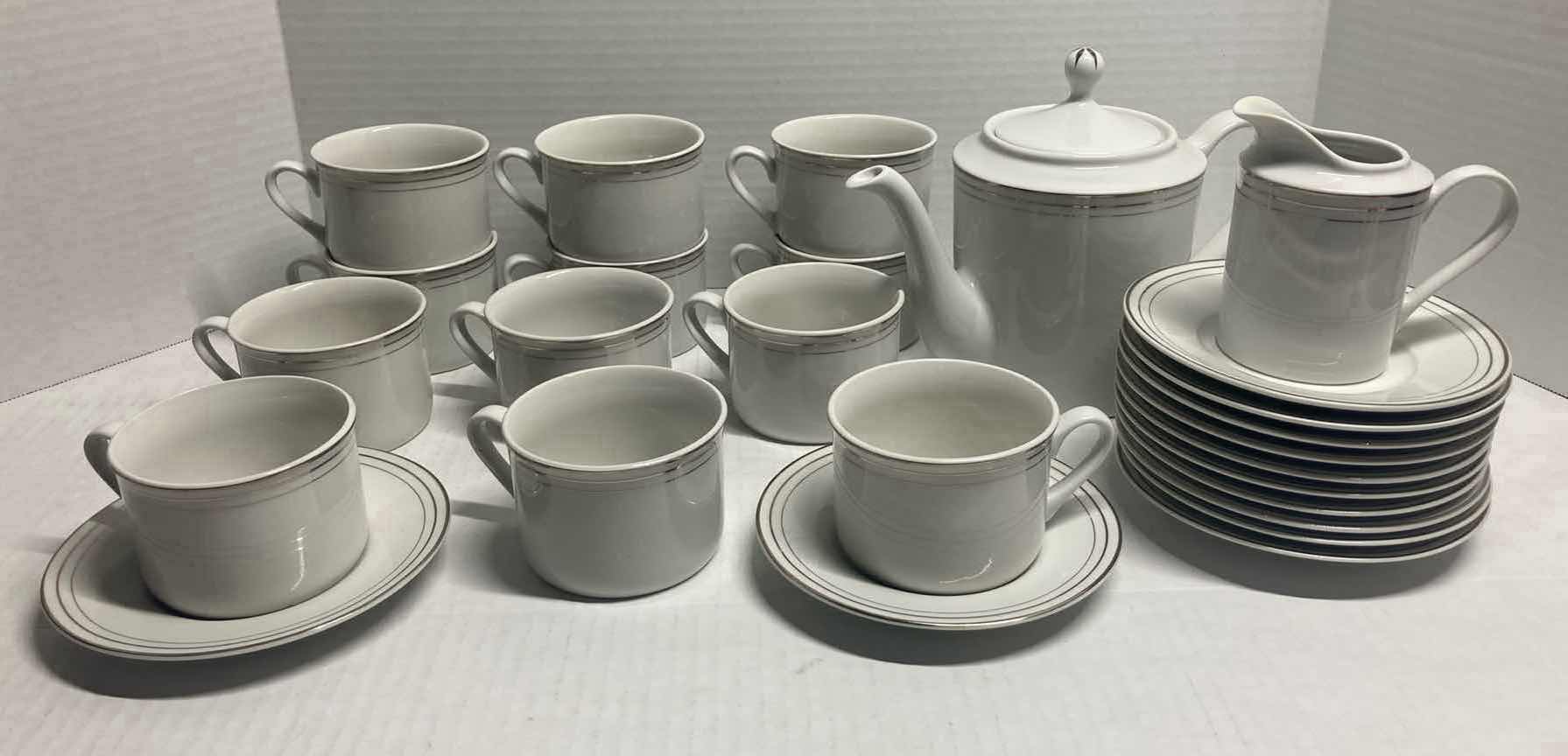 Photo 1 of COMPTON 3 PLATINUM BAND WHITE FINE CHINA SET 26PC (CUPS, PLATES, TEAPOT, & CREAMER)