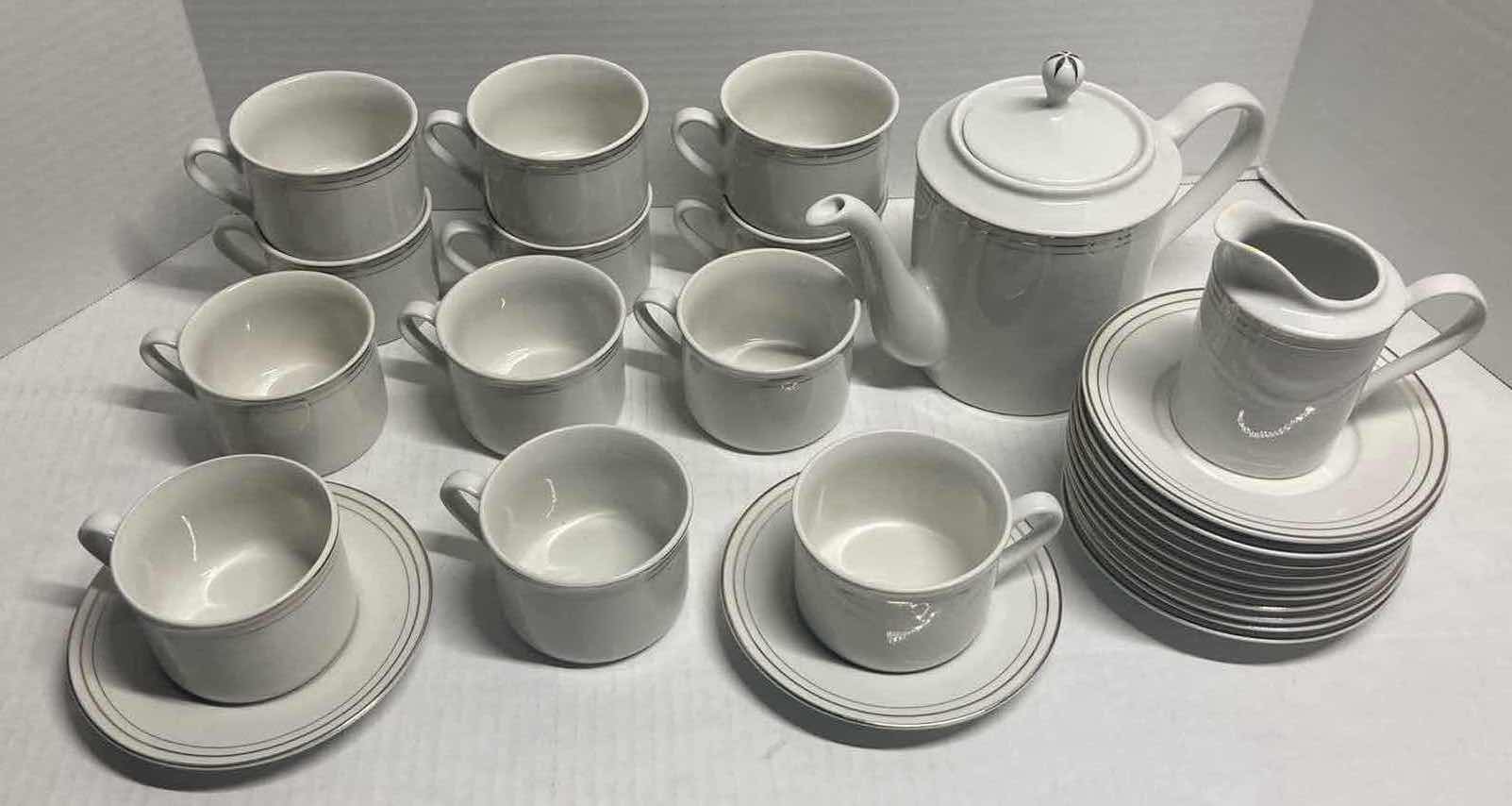 Photo 1 of COMPTON 3 PLATINUM BAND WHITE FINE CHINA SET 26PC (CUPS, PLATES, TEAPOT, & CREAMER)