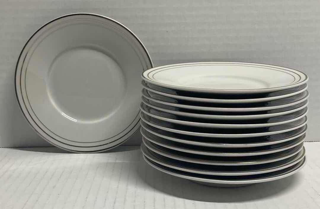 Photo 1 of COMPTON 3 PLATINUM BAND WHITE FINE CHINA SET 26PC (CUPS, PLATES, TEAPOT, & CREAMER)
