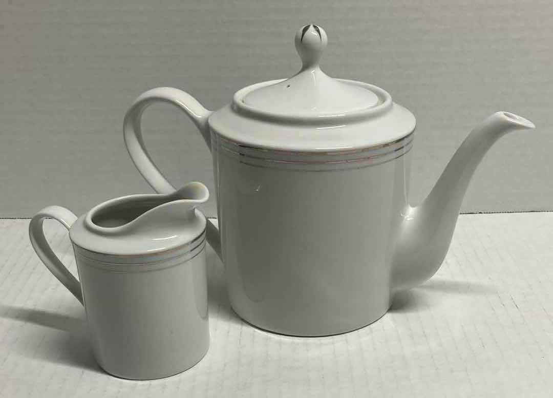 Photo 1 of COMPTON 3 PLATINUM BAND WHITE FINE CHINA SET 26PC (CUPS, PLATES, TEAPOT, & CREAMER)