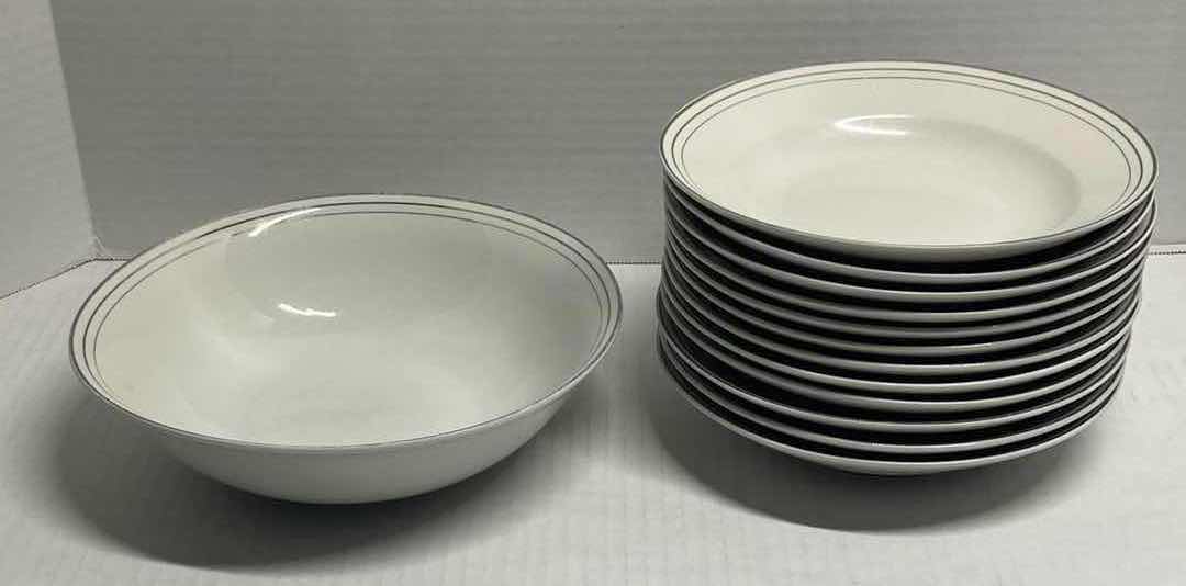 Photo 1 of COMPTON 3 PLATINUM BANDS WHITE FINE CHINA SET (PLATES, BOWLS, & SERVING TRAY)