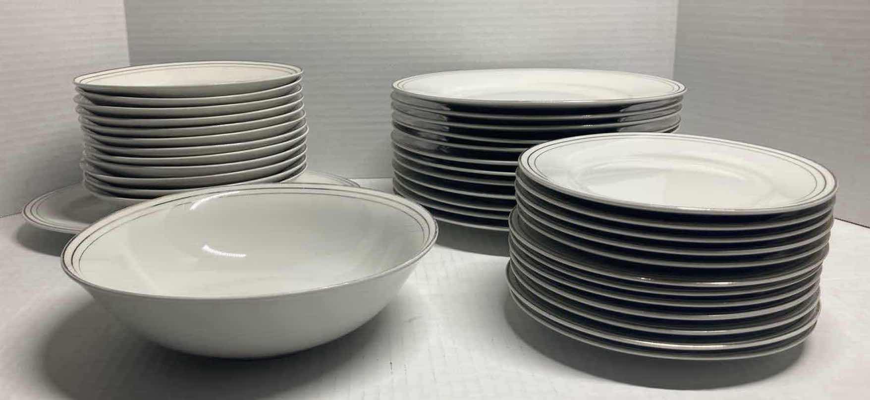 Photo 1 of COMPTON 3 PLATINUM BANDS WHITE FINE CHINA SET (PLATES, BOWLS, & SERVING TRAY)