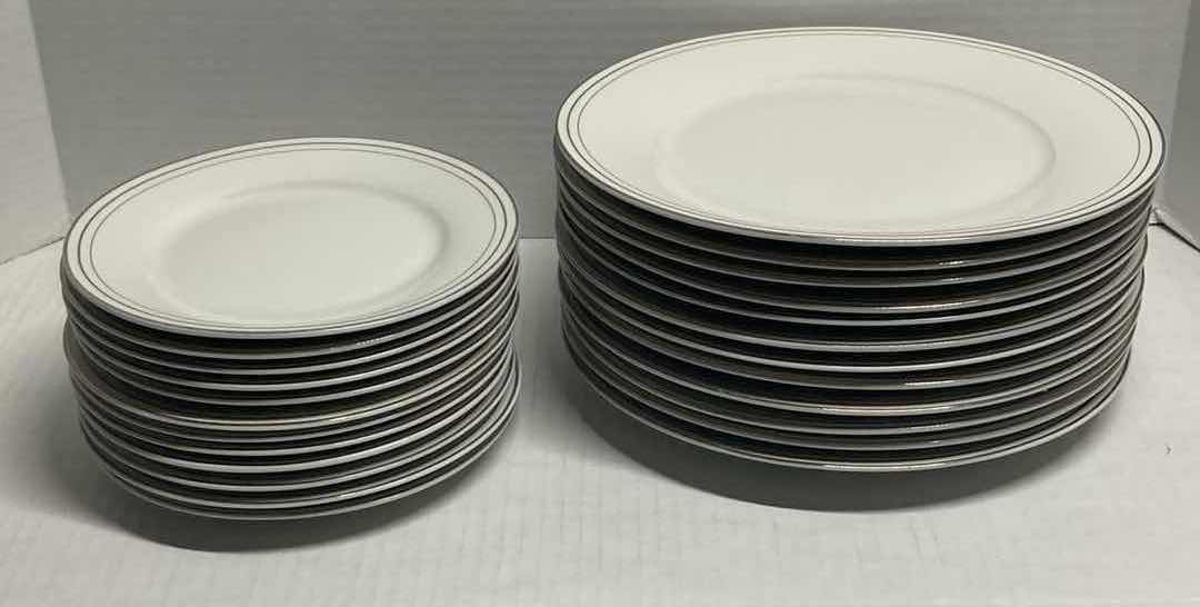 Photo 1 of COMPTON 3 PLATINUM BANDS WHITE FINE CHINA SET (PLATES, BOWLS, & SERVING TRAY)