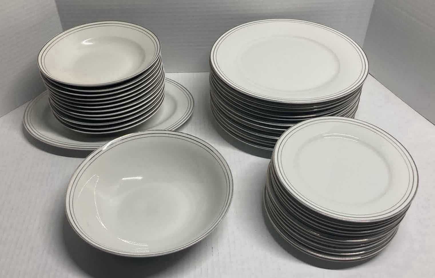 Photo 1 of COMPTON 3 PLATINUM BANDS WHITE FINE CHINA SET (PLATES, BOWLS, & SERVING TRAY)