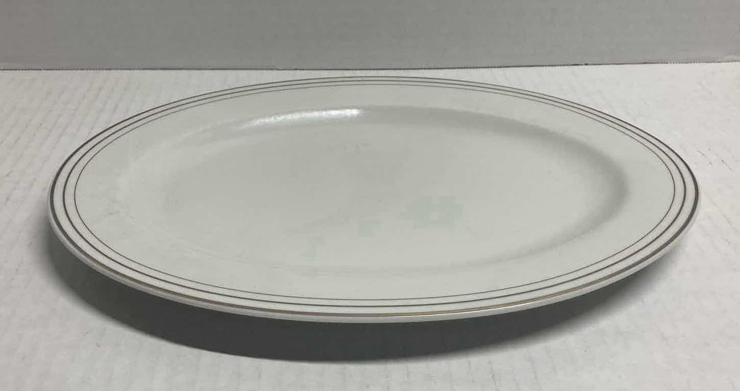 Photo 1 of COMPTON 3 PLATINUM BANDS WHITE FINE CHINA SET (PLATES, BOWLS, & SERVING TRAY)