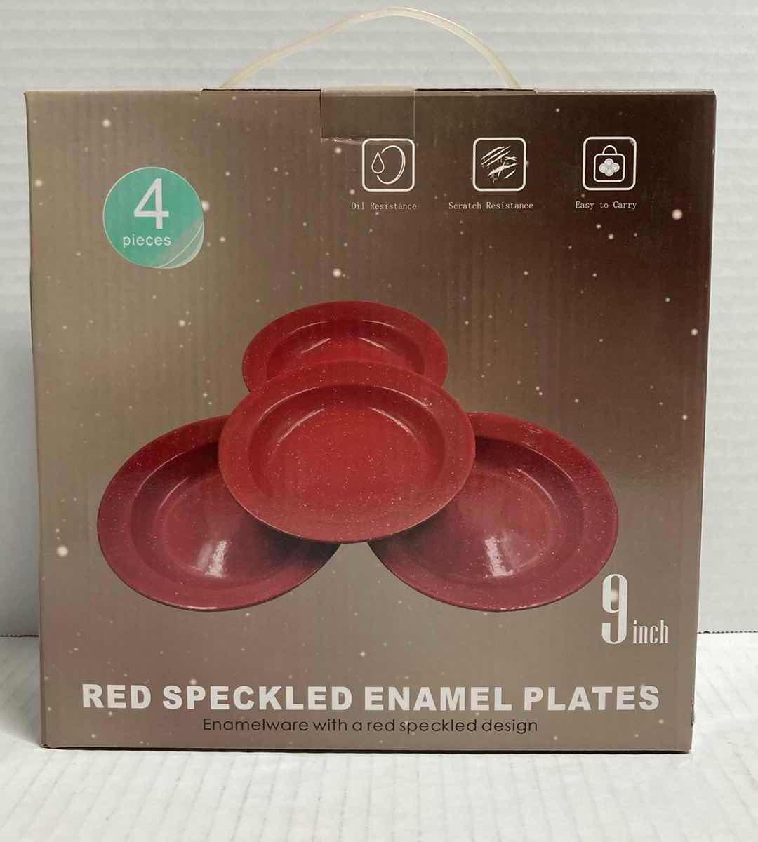Photo 1 of RED SPECKLED ENAMEL PLATES 4PC 9” & GRIDDLE SET 4PC