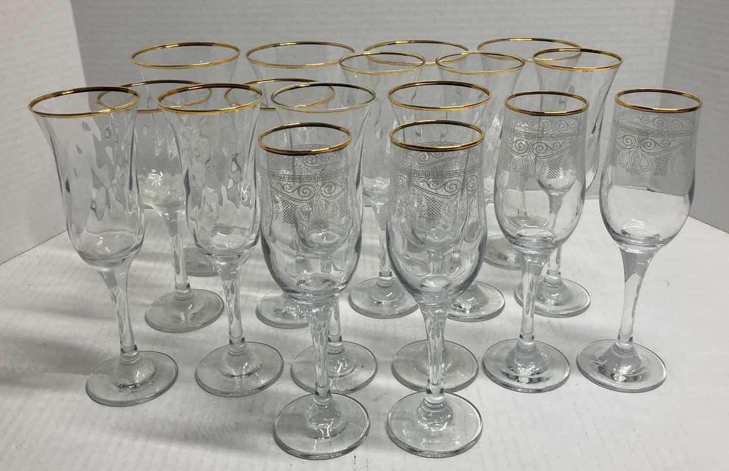 Photo 1 of CIRCLEWARE GOLD RIM CHAMPAGNE & WINE GLASSES 17PC