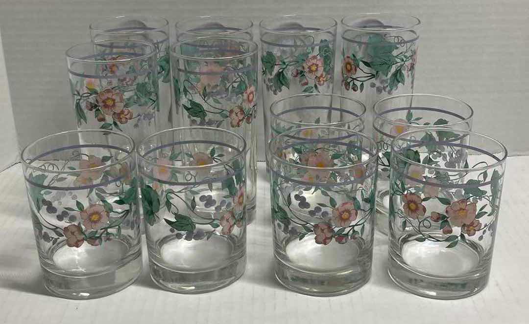 Photo 1 of RANMARU KENSINGTON FLORAL H6.5” & 4.5” GLASS CUPS 12PC
