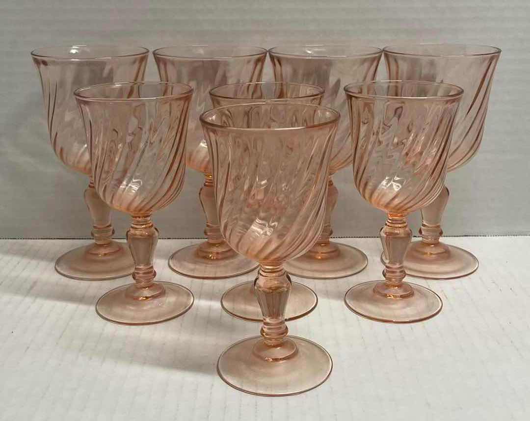 Photo 1 of LUMINARC ROSALINE ARCOROC PINK SWIRL H6.5” & 5.75” WINE GLASSES