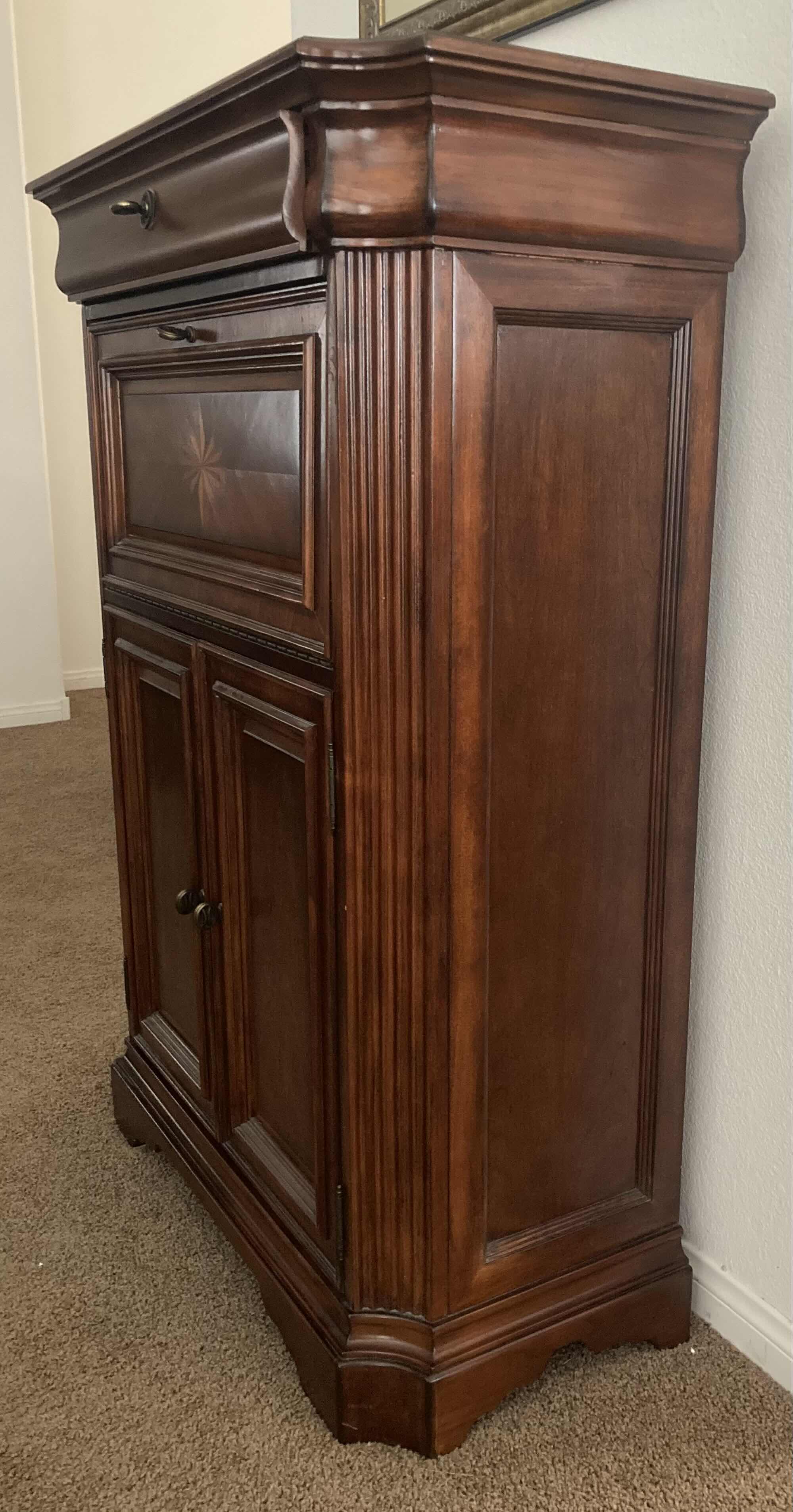 Photo 1 of DARK CHERRY FINSH LIQUOR CABINET (CONTENTS INCLUDED) 38.5” X 18” H54”