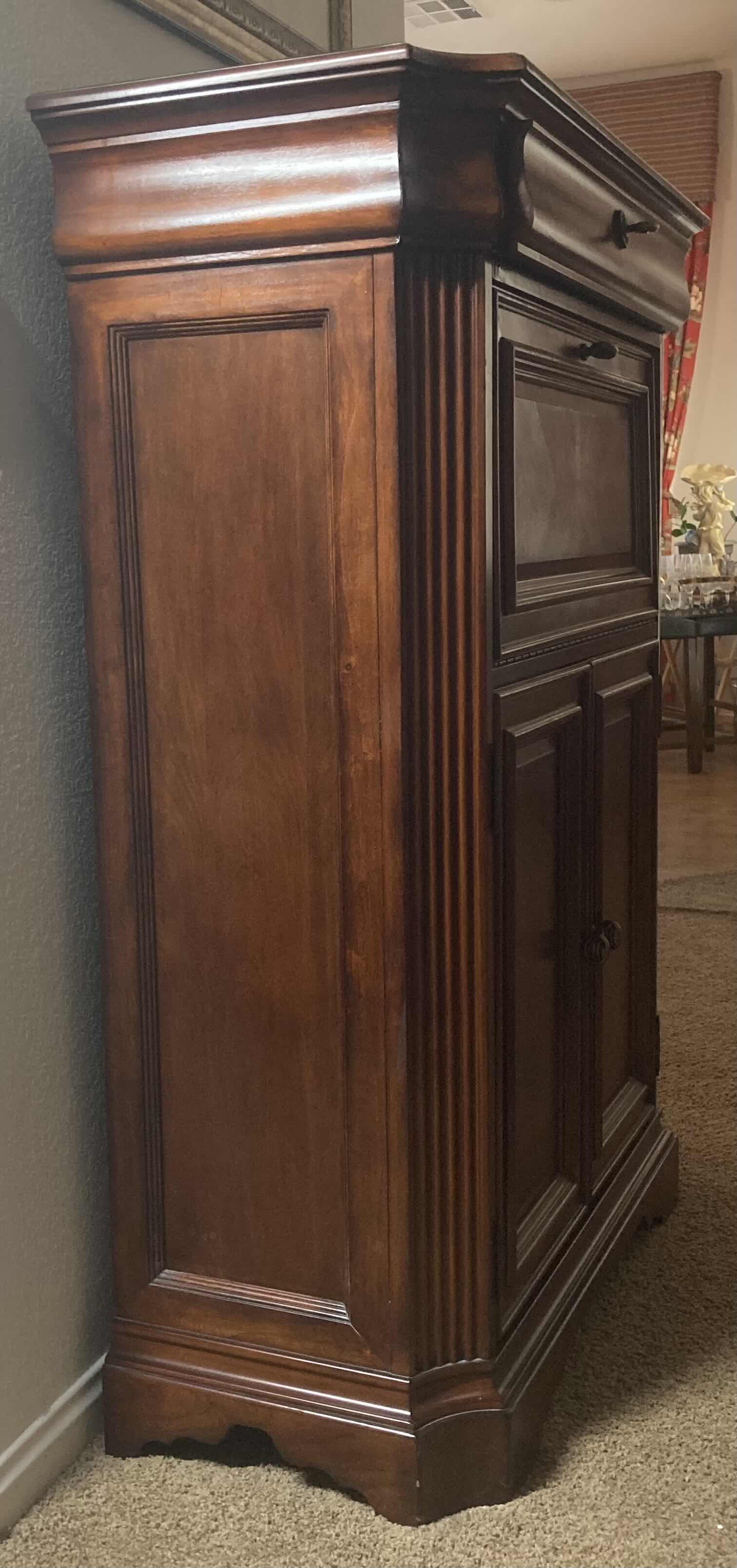 Photo 1 of DARK CHERRY FINSH LIQUOR CABINET (CONTENTS INCLUDED) 38.5” X 18” H54”