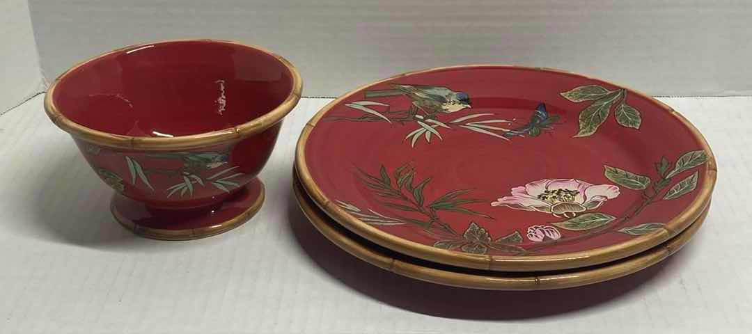 Photo 1 of BURTON BURTON BAMBOO BIRDS BURGUNDY CERAMIC PLATES 10” & BOWL 6” X 3”