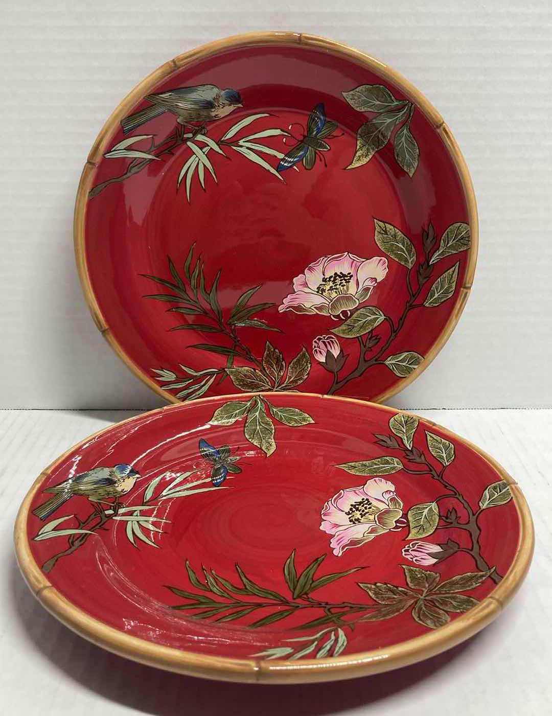 Photo 1 of BURTON BURTON BAMBOO BIRDS BURGUNDY CERAMIC PLATES 10” & BOWL 6” X 3”