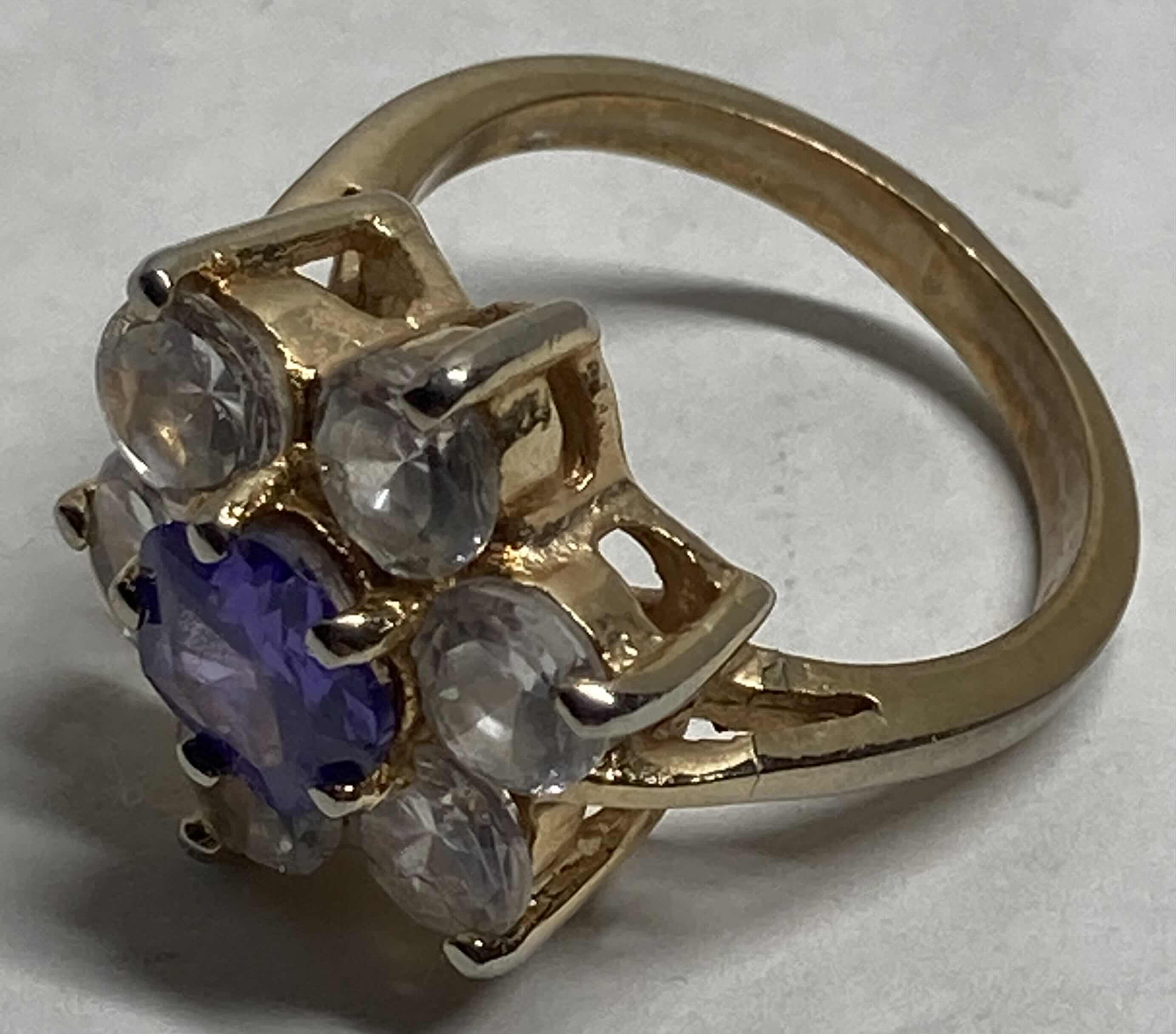 Photo 1 of GOLD FLOWER RING W PURPLE & CLEAR STONES APPROX RING SIZE 9-9.5