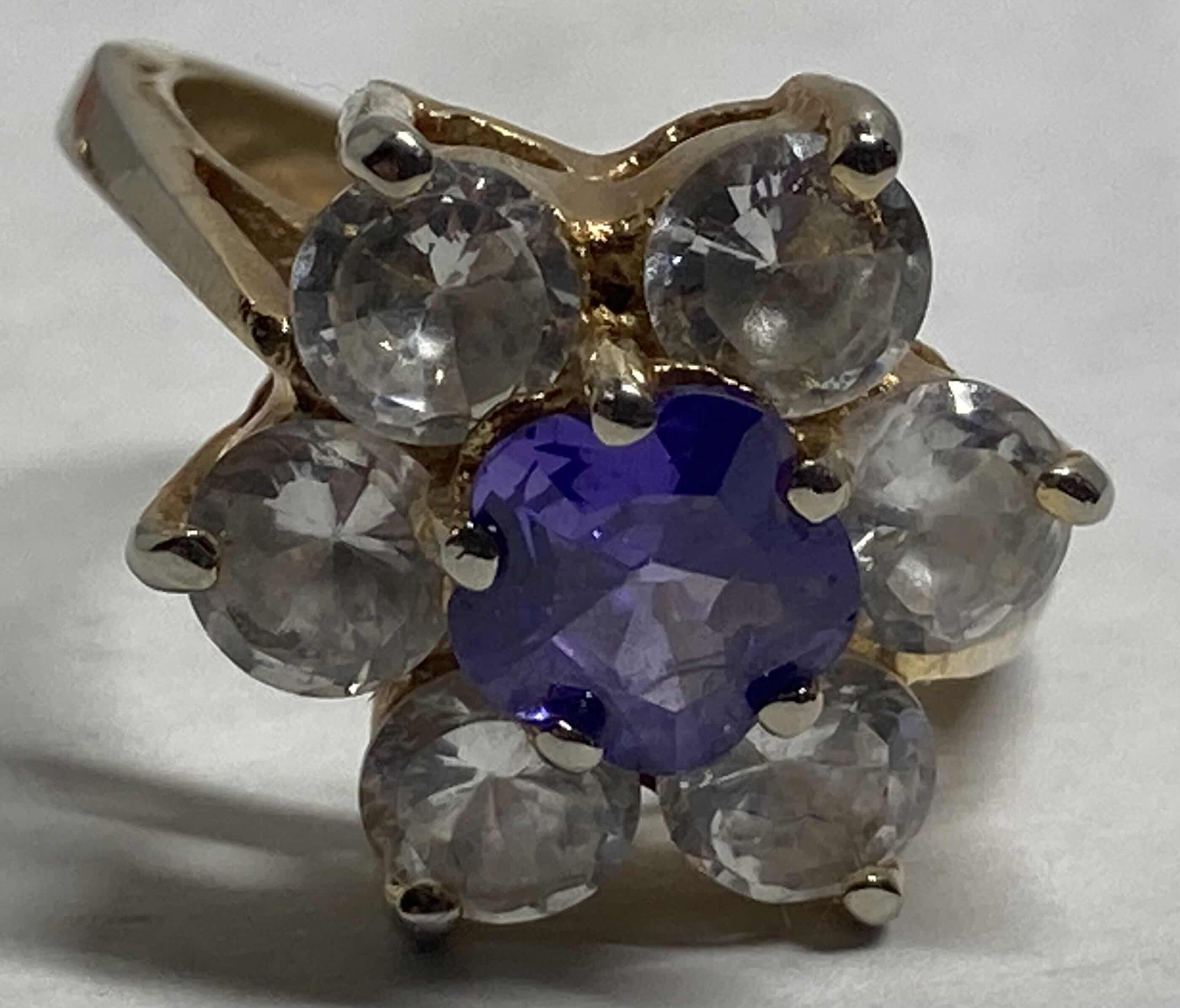 Photo 1 of GOLD FLOWER RING W PURPLE & CLEAR STONES APPROX RING SIZE 9-9.5