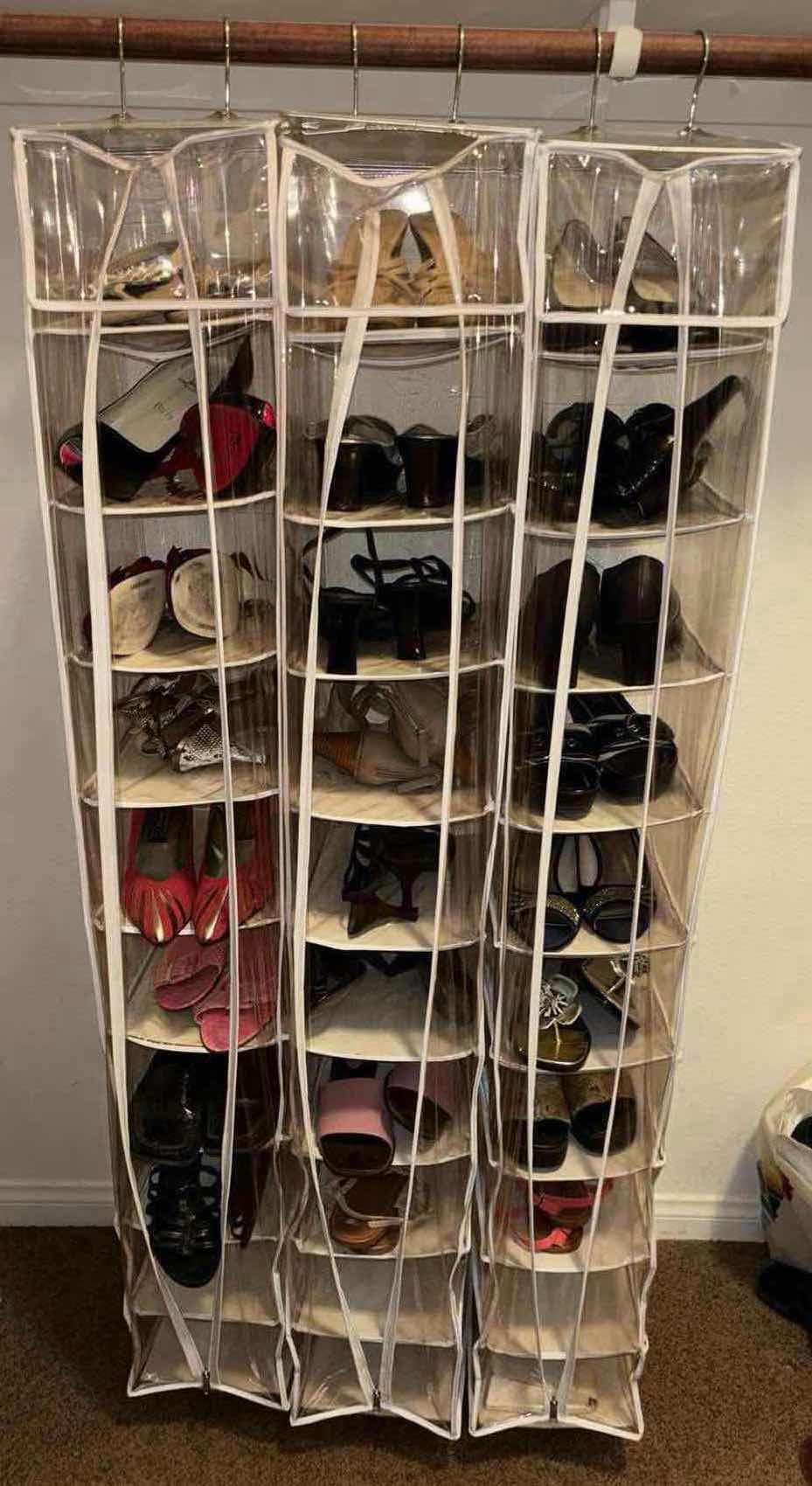 Photo 1 of HANGING SHOE RACKS W 24 PAIRS HEELS/SANDALS/LOAFERS (WOMENS SIZES 7.5-8.5)