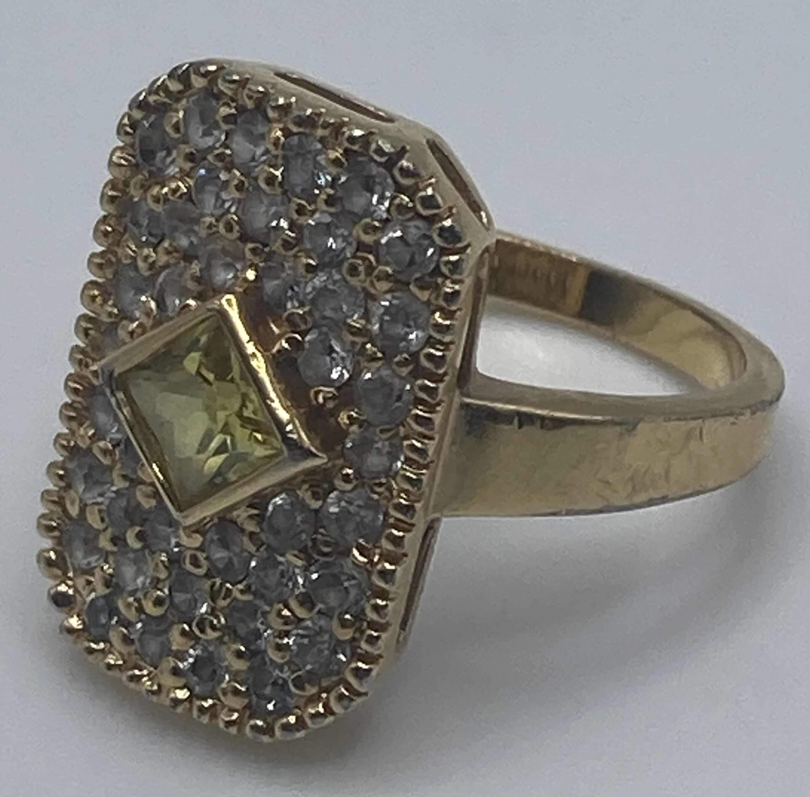 Photo 1 of GOLD PLATED 925 SILVER RING W YELLOW & CLEAR STONES APPROX RING SIZE 8.5-9