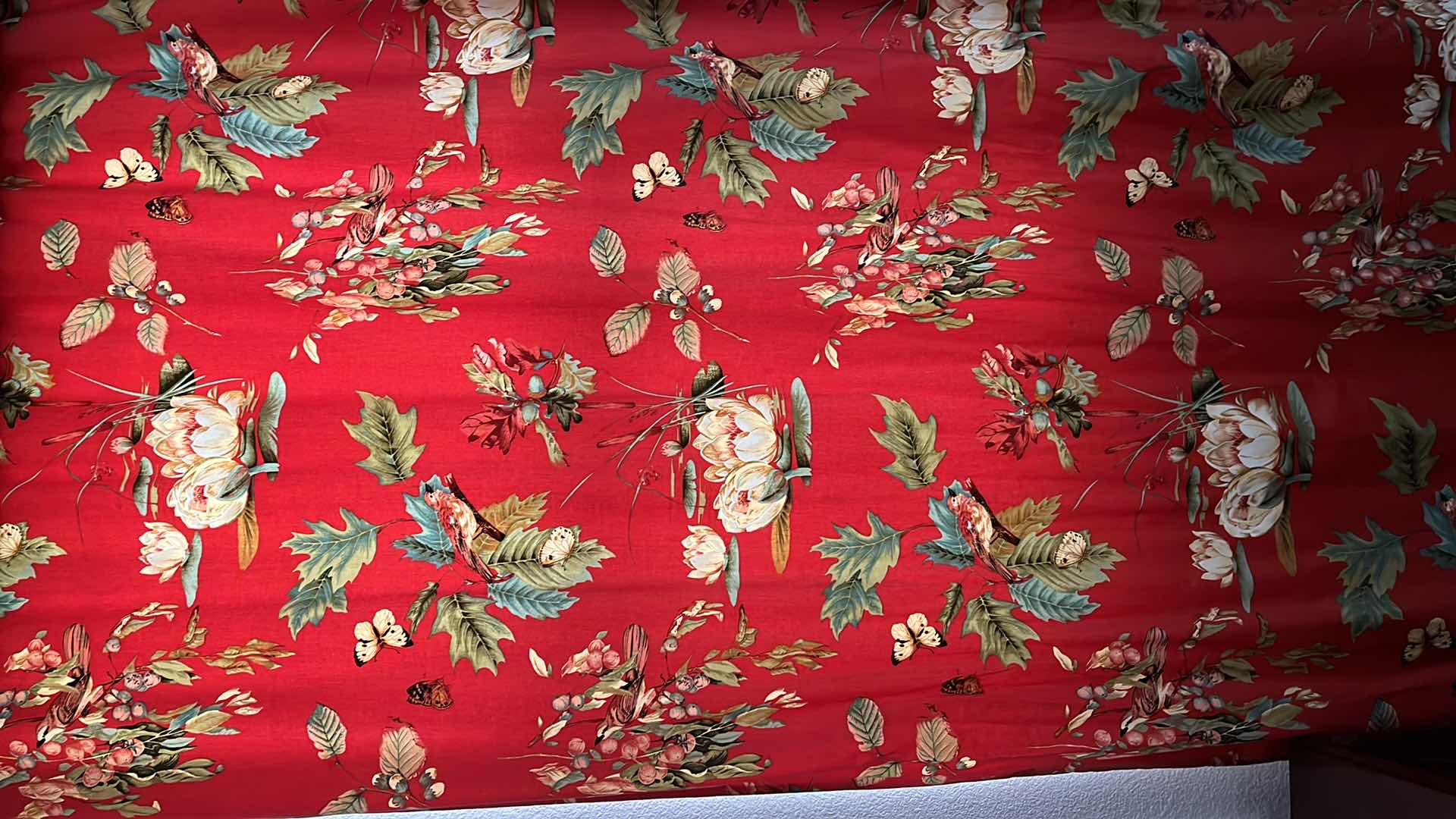 Photo 1 of RED FLORAL BIRD & BUTTERFLY THEMED DRAPES CURTAINS 53” X 109” EACH PANEL W STRIPED CURTAIN ROD COVERS (READ NOTES)