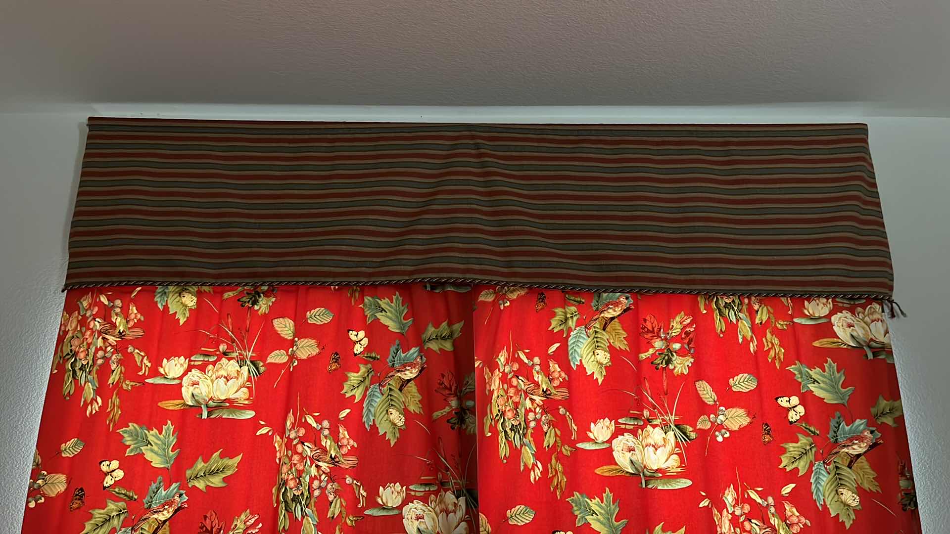 Photo 1 of RED FLORAL BIRD & BUTTERFLY THEMED DRAPES CURTAINS 53” X 109” EACH PANEL W STRIPED CURTAIN ROD COVERS (READ NOTES)
