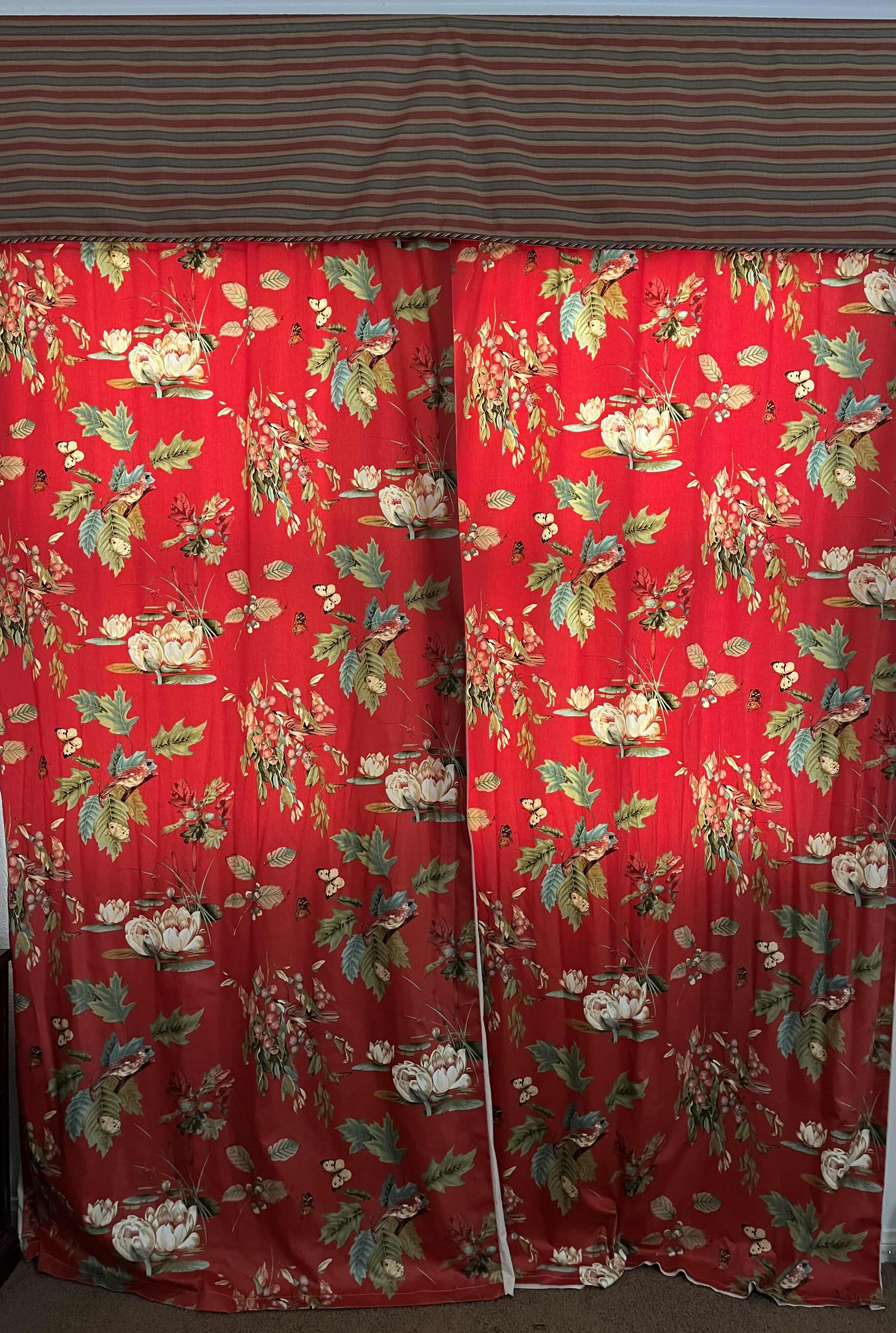 Photo 1 of RED FLORAL BIRD & BUTTERFLY THEMED DRAPES CURTAINS 53” X 109” EACH PANEL W STRIPED CURTAIN ROD COVERS (READ NOTES)