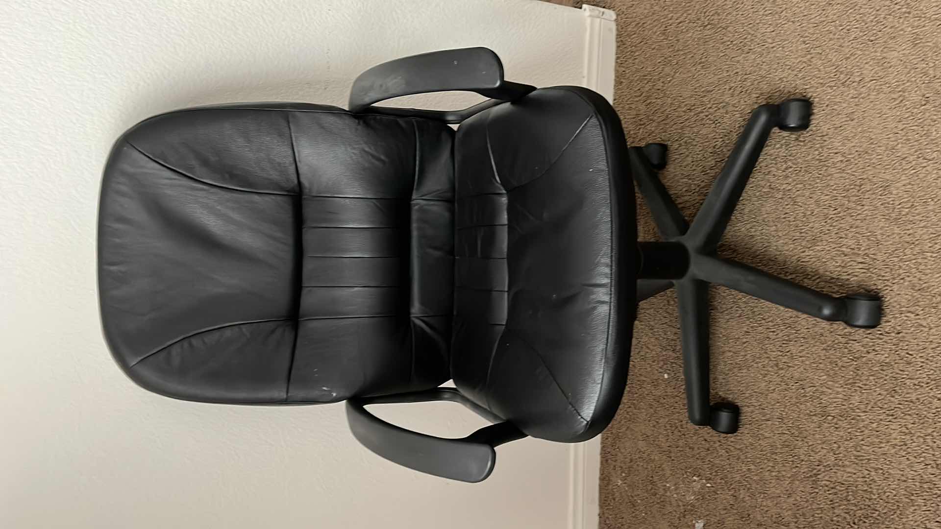 Photo 1 of OFFICE STARS BLACK LEATHER ROLLING OFFICE COMPUTER CHAIR 24” X 26” H43”
