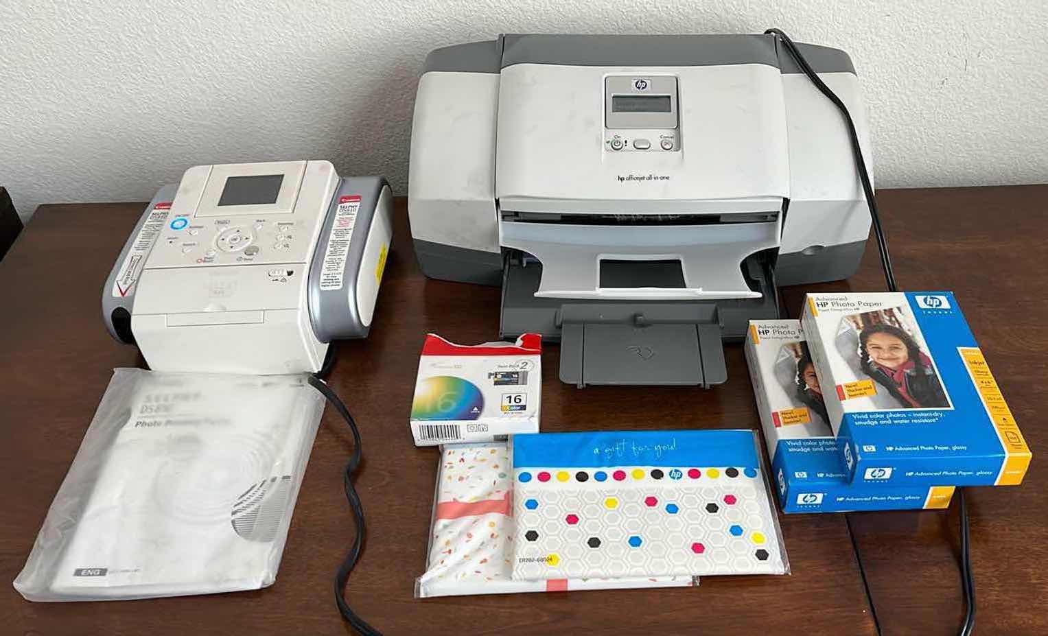 Photo 1 of CANON SELPHY PHOTO PRINTER MODEL DS810 & HP 4200 SERIES OFFICE JET ALL IN 1 PRINTER MODEL Q5600A W ACCESSORIES
