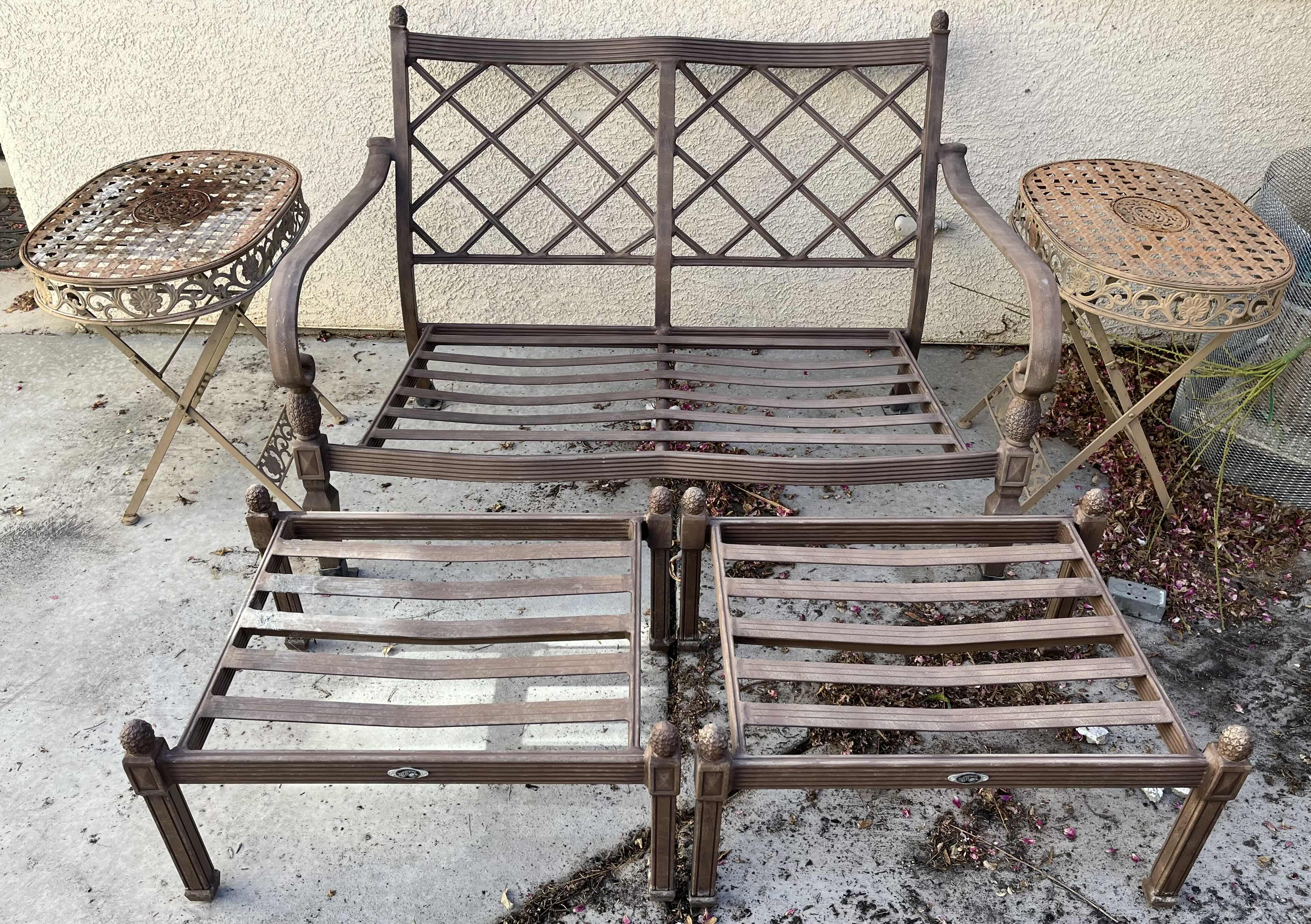 Photo 1 of HAMPTON BAY PATIO SET- METAL FRAME BENCH 52” X 35” H34” , 2 SIDE TABLES & 2 OTTOMANS