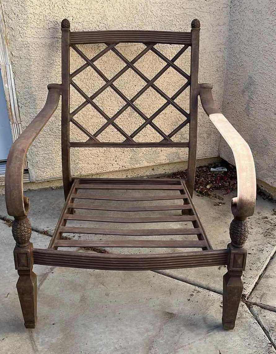 Photo 1 of HAMPTON BAY PATIO GLASS TOP METAL FRAME TABLE 50” X 28” H23.75” W 2 OVERSIZED METAL FRAME PATIO CHAIRS 28” X 36” H34”