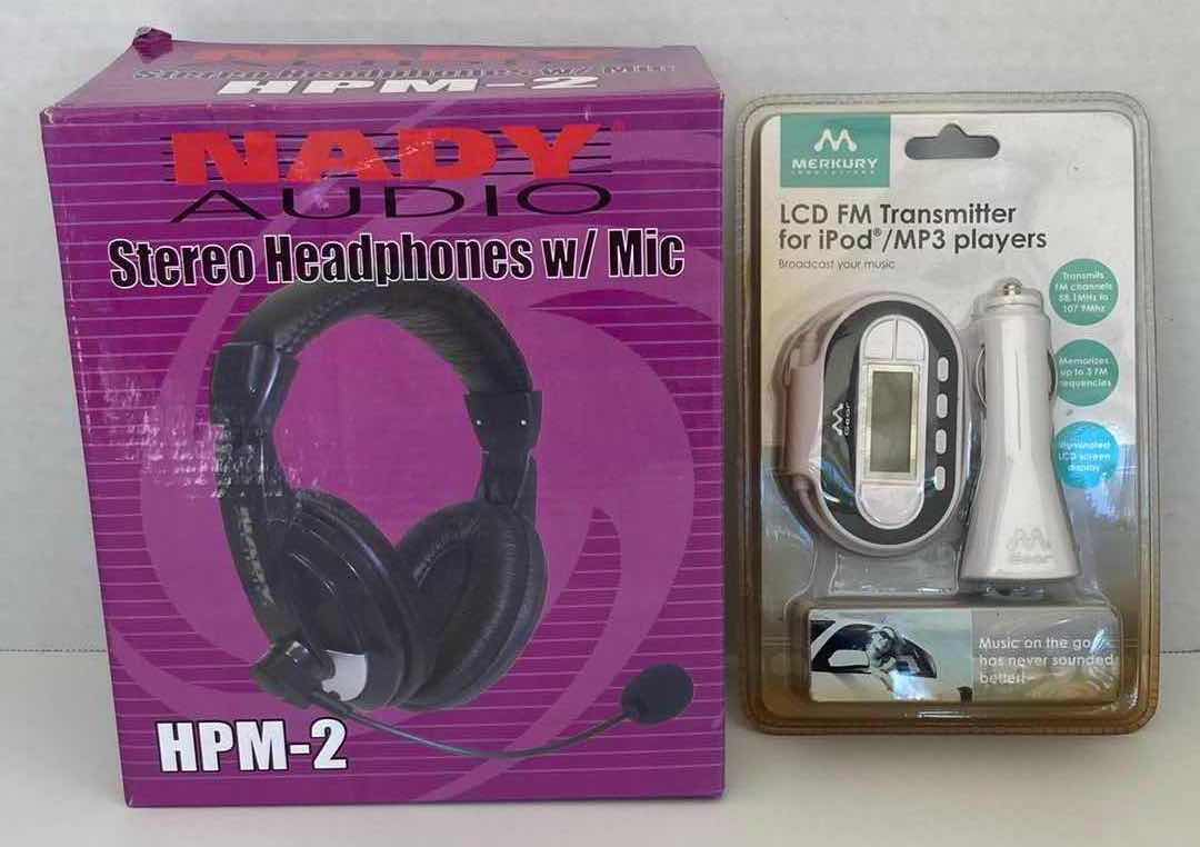 Photo 1 of NADY AUDIO STEREO HEADPHONES W MIC & MERKURY LCD FM TRANSMITTER FOR IPOD & MP3 PLAYERS