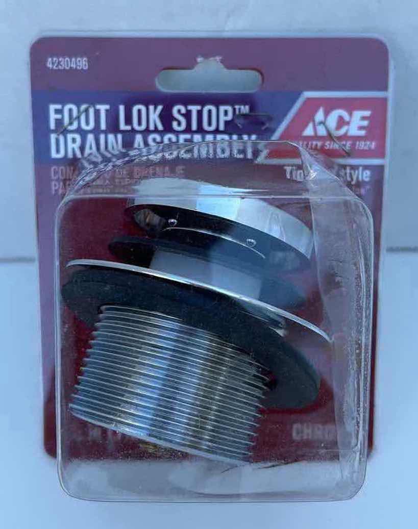 Photo 1 of NEW ACE HARDWARE CHROME FOOT LOK STOP DRAIN ASSEMBLY, 1.5” TIP TOE STYLE