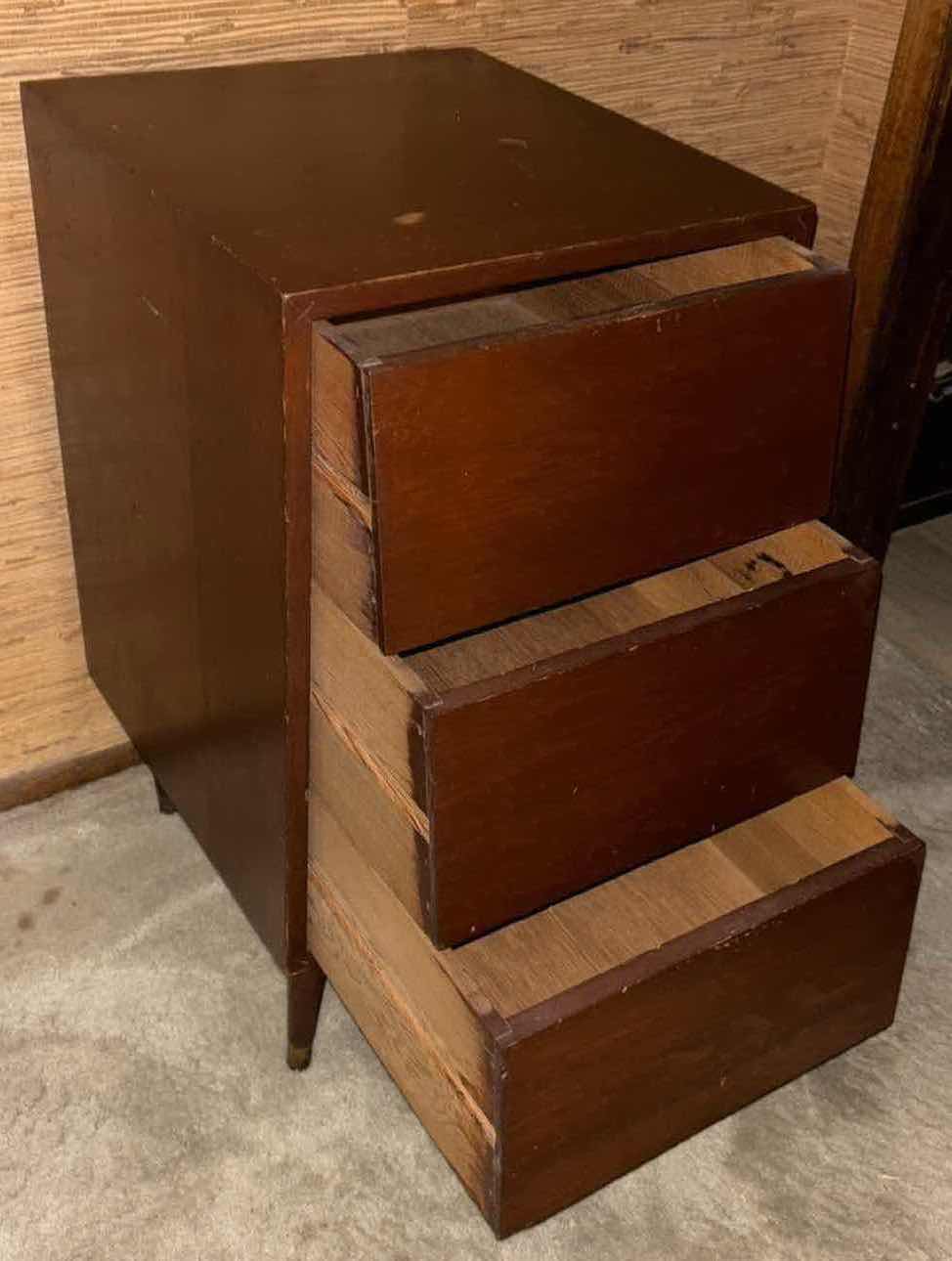 Photo 2 of MID CENTURY MODERN WALNUT NIGHTSTAND W 3 “BABY STEPS” DRAWERS 17.5” X 16” H29.25”