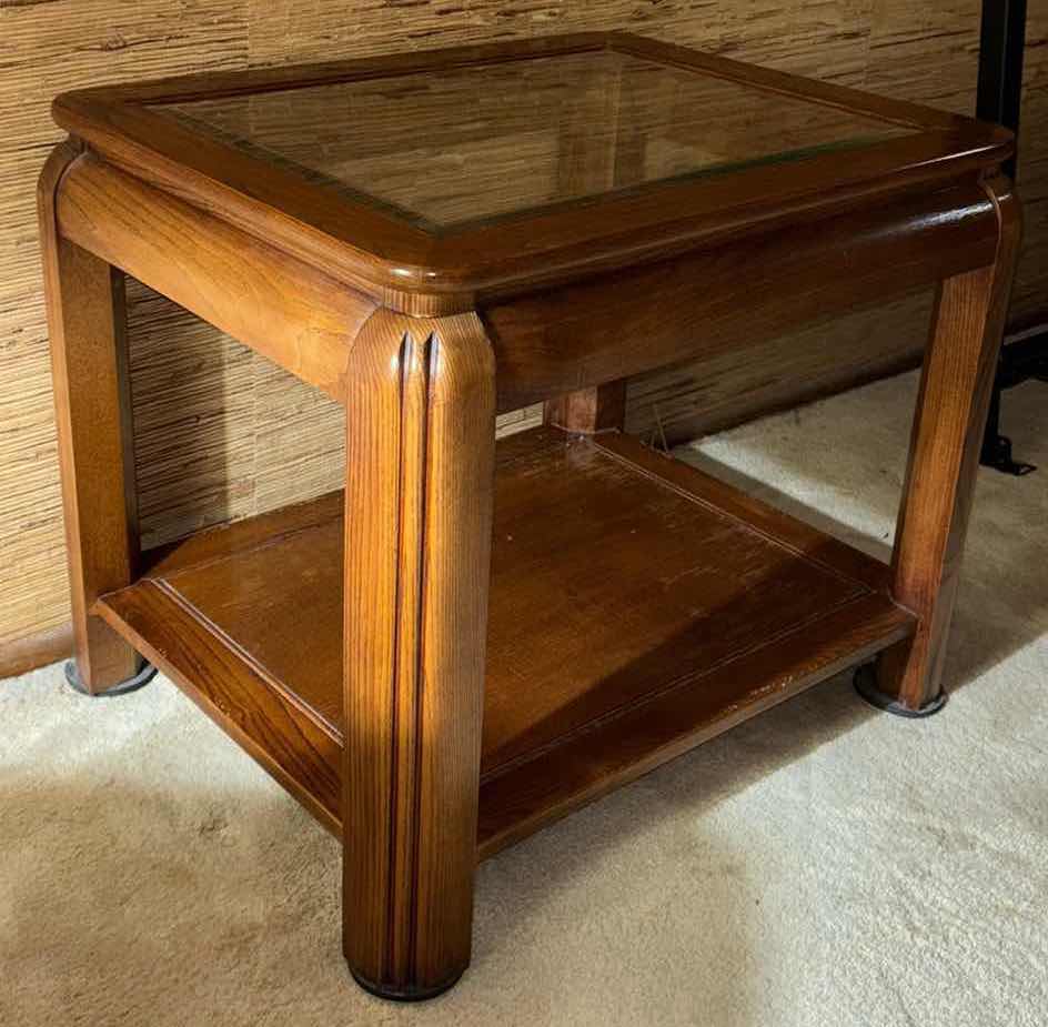 Photo 3 of VINTAGE WOOD END TABLE W GLASS TOP SURFACE 21” X 26.5” H 22”