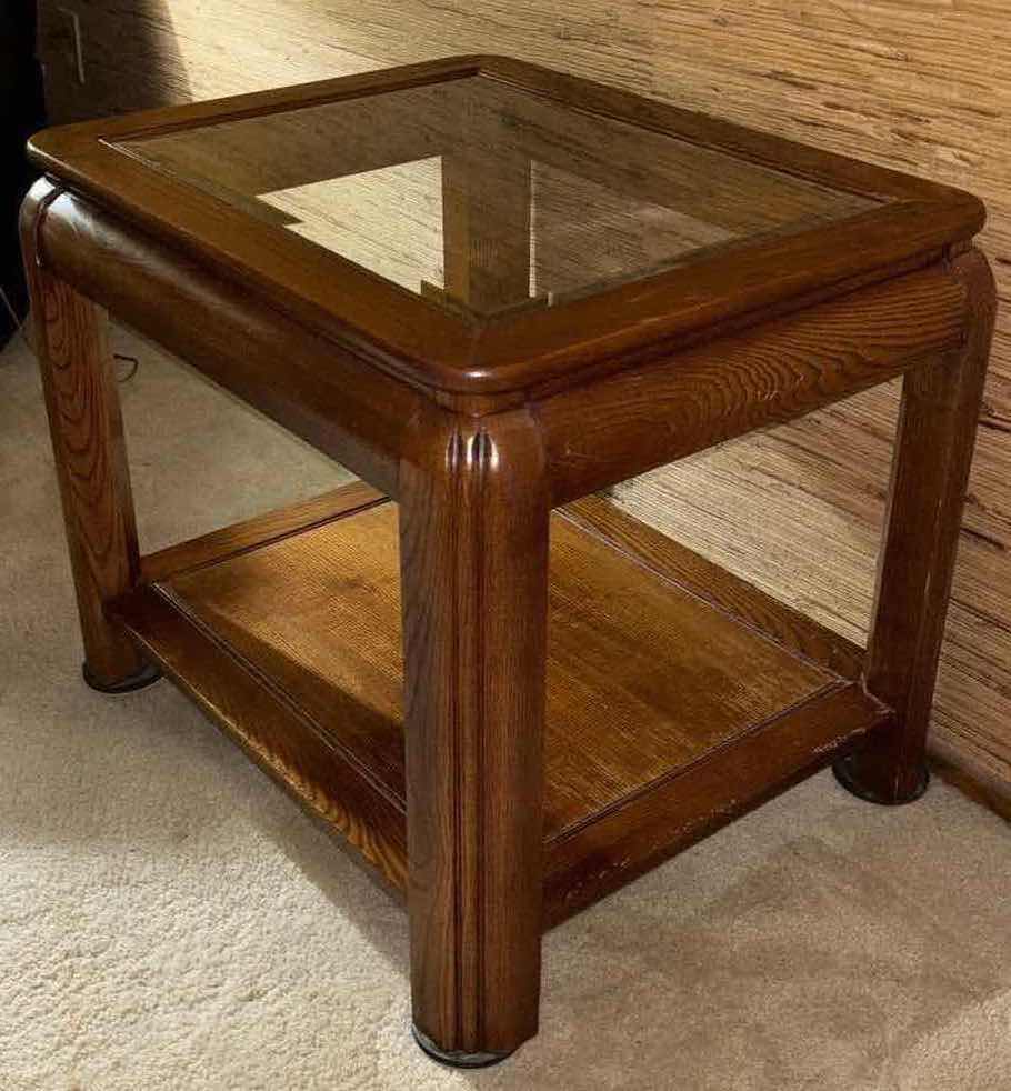 Photo 2 of VINTAGE WOOD END TABLE W GLASS TOP SURFACE 21” X 26.5” H 22”