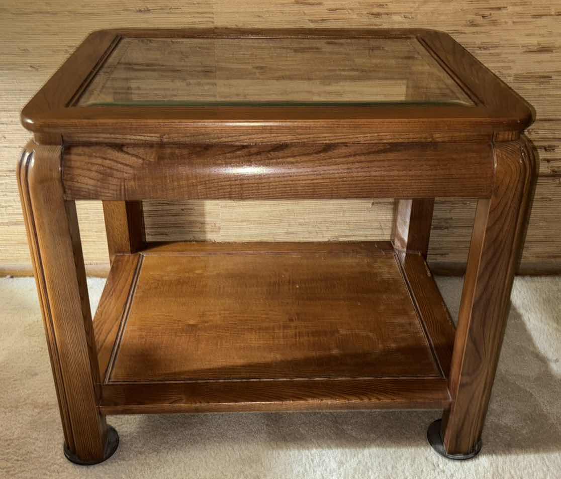 Photo 1 of VINTAGE WOOD END TABLE W GLASS TOP SURFACE 21” X 26.5” H 22”