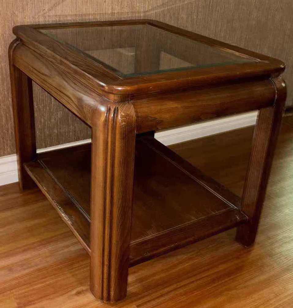 Photo 1 of VINTAGE WOOD END TABLE W GLASS TOP SURFACE 21” X 26.5” H 22”