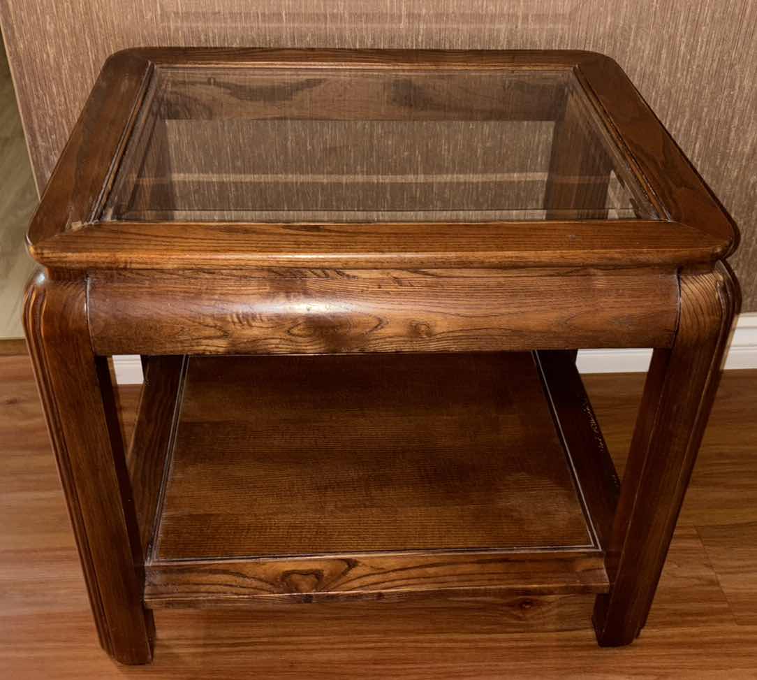 Photo 2 of VINTAGE WOOD END TABLE W GLASS TOP SURFACE 21” X 26.5” H 22”