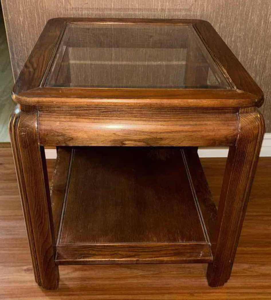 Photo 3 of VINTAGE WOOD END TABLE W GLASS TOP SURFACE 21” X 26.5” H 22”