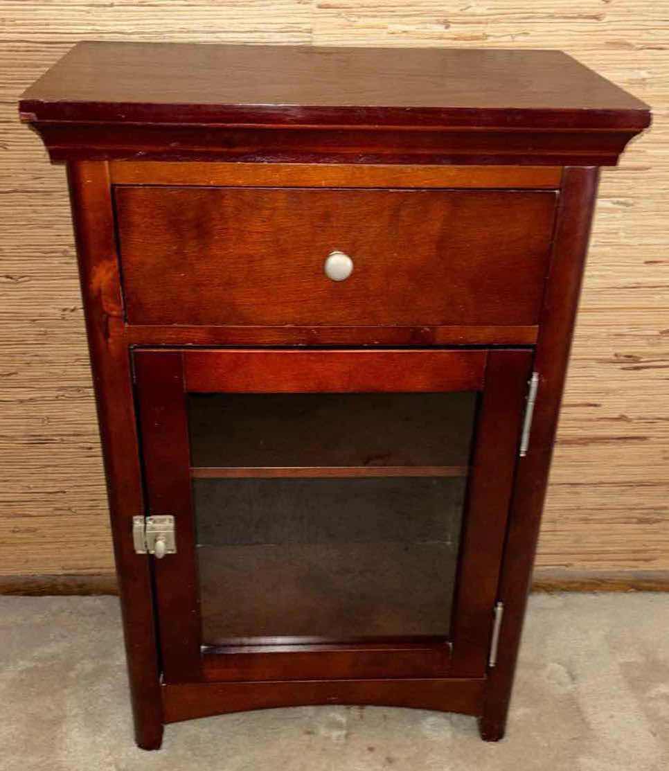 Photo 1 of SINGLE DRAWER 2 SHELF WOOD CABINET W GLASS DOOR & METAL LATCH