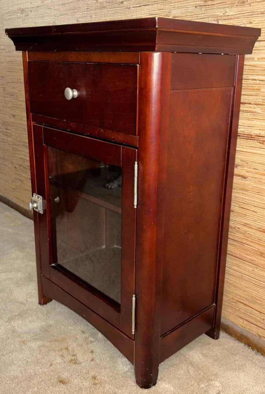 Photo 3 of SINGLE DRAWER 2 SHELF WOOD CABINET W GLASS DOOR & METAL LATCH