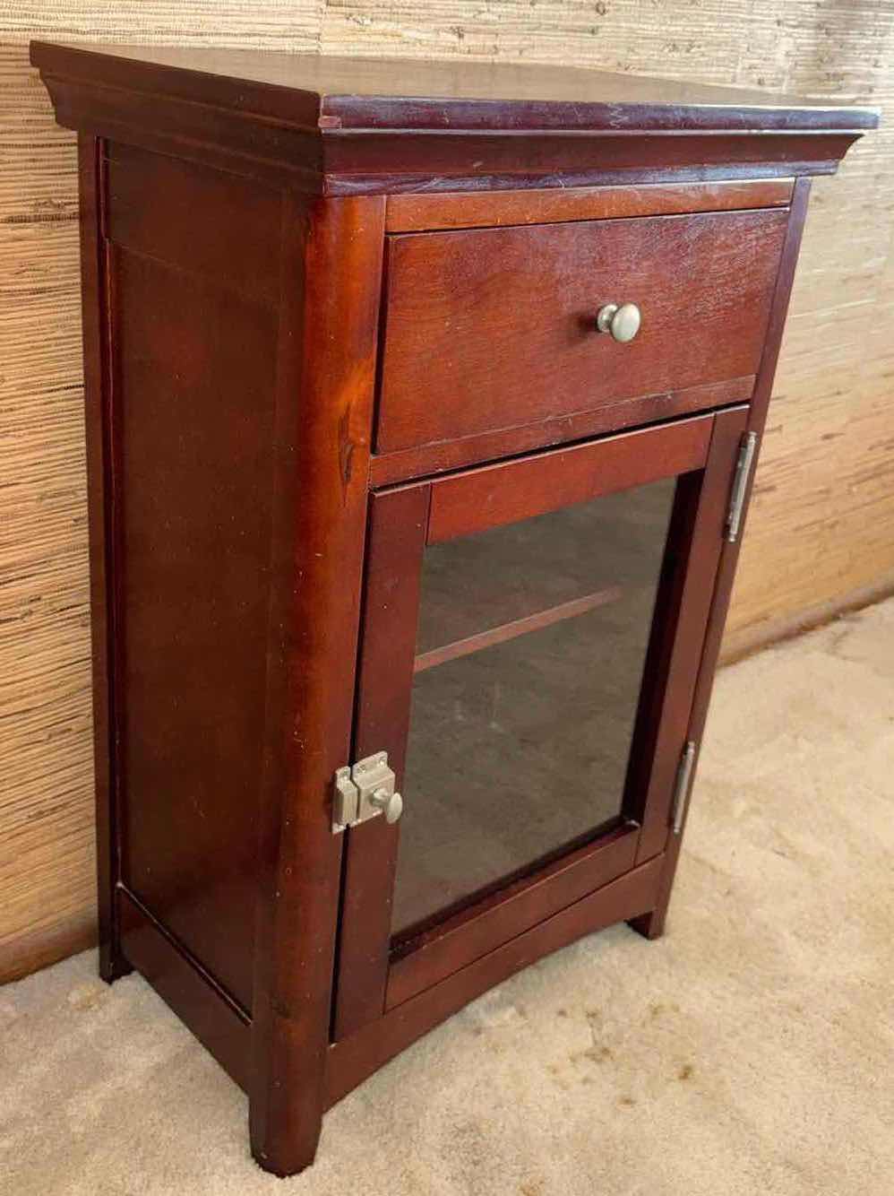 Photo 2 of SINGLE DRAWER 2 SHELF WOOD CABINET W GLASS DOOR & METAL LATCH